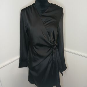 Adlib Black Satin Wrap Dress Long Sleeve Cocktail Party Women's Dress Size 14